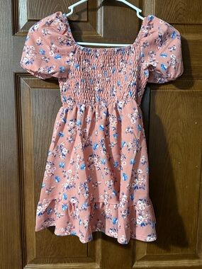 Girls' Floral Smocked Puff Sleeve Dress in Rose Pink